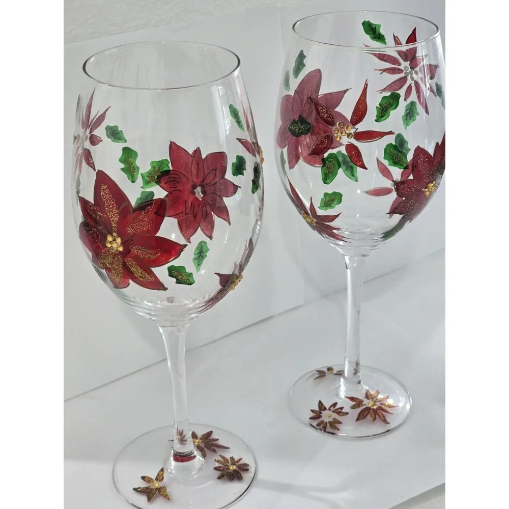 Wine Glasses Hand Painted Set of 2 Christmas Pointsettia